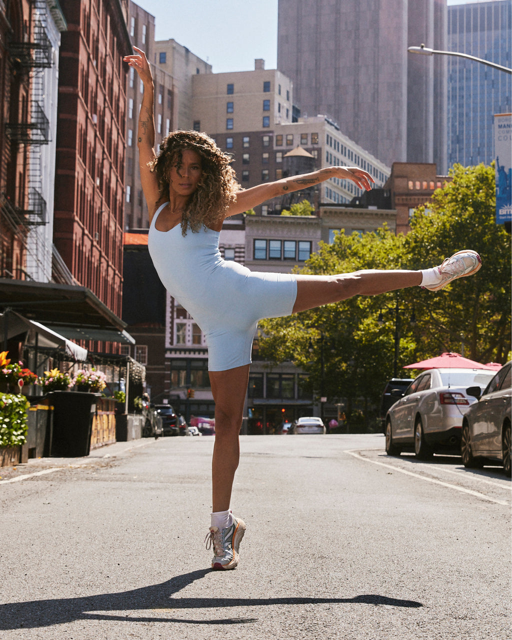 Holly James dancing in the street in New York