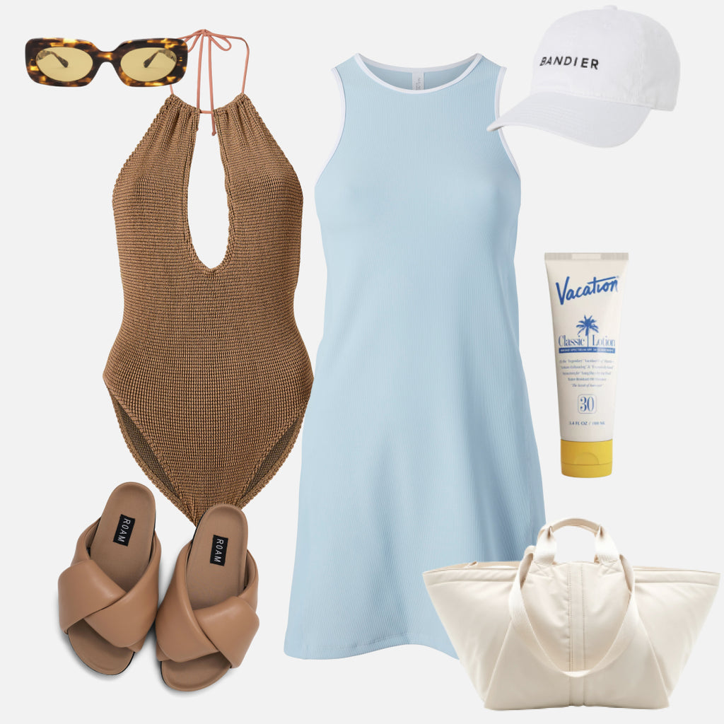 Blue sport rib dress styled with a tan one-piece bathing suit from Bond-Eye, a Bandier baseball cap, a pair of tan sandals, a white tote bag from Transcience and a bottle of sunscreen.